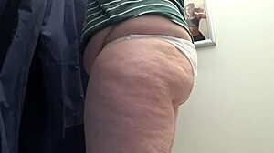 Chubby milf PAWG big ass white panties tight leggings fitting room close-up