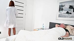 nurse kitty pops pill in grandpa's mouth then rides his old cock deep cowgirl style