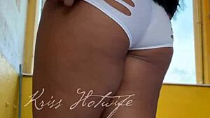 Gym wife flashes cameltoe pussy tits in tight shorts... naughty brazilian exhibitionist tempts friend pov!