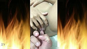 blue lingerie clings to her juicy shaved pussy curves