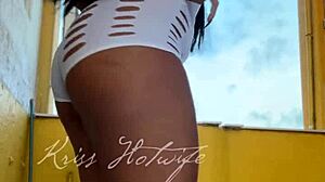 Gym wife flashes cameltoe pussy tits in tight shorts... naughty brazilian exhibitionist tempts friend pov!