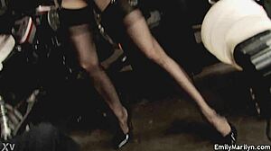 emily marilyn's latex leggings tease chopper dave in erotic backstage shoot