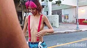 Petite Latina Flashes Topless Thong In Public