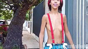 Petite Latina Flashes Topless Thong In Public