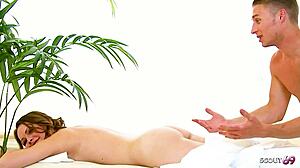 Slim 18yo Natural Tits Teen Deflowered by Masseur Pullout Cum!