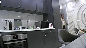 hot tattooed blonde secretary flashes meaty pussy and ass in kitchen