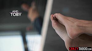 Blonde babe's footjob leads to rough doggy on petite teen