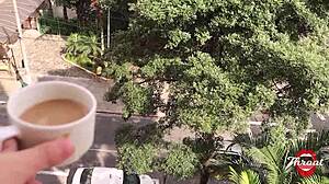 skinny otaku teen deepthroats on apartment balcony pov