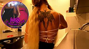 hot tattooed blonde secretary flashes meaty pussy and ass in kitchen