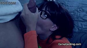 velma in glasses deepthroats then rides freds cock as busty cosplay teen