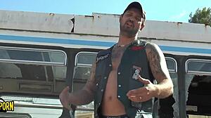 Skinny brunette teen with huge tits fucked hard on bus