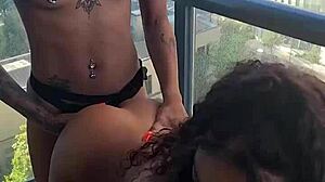 kashofficials moans loud getting strapped deep by renity love on the balcony.