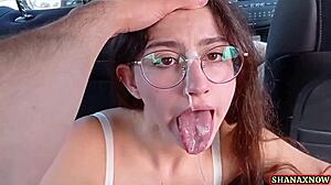 Car blowjob leads to perfect facial cumshot on cute brunette