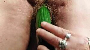 Granny Oma Fucks Hairy Beaver with Cucumber Deep