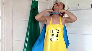 Shaved redhead milf squirts in pvc apron fetish solo orgasm?