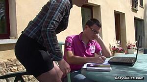 sexy french milf housewife lucie luke takes young cock anal in garden stockings