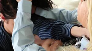 busty blonde and brunette hottie finger kiss lick asses on sofa homemade lesbian play