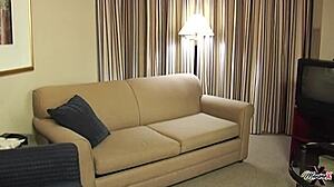 Asian nympho maxine moans on sofa as she dildo fucks her wet pussy to squirt