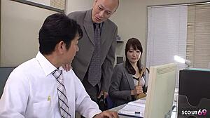 Japanese secretary sucks coworker cock cums mouth office