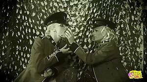 three busty blondes in retro uniforms toy pussy ride