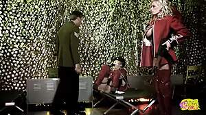 three busty blondes in retro uniforms toy pussy ride