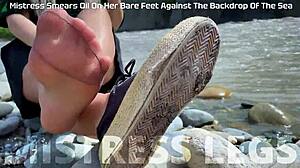 goddess teases cute nylon soles and toes riverside in tan pantyhose