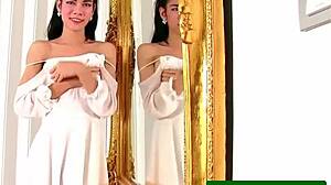 Busty Ladyboy Mia Jerks Cock with Shy Sensual Passion