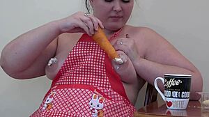 Bbw hairy pussy grinds carrot on kitchen table into creamy anal fuck orgasm