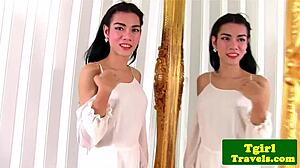 Busty Ladyboy Mia Jerks Cock with Shy Sensual Passion