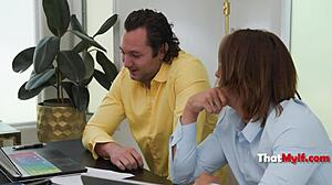 MMF threesome blackmails milf boss into office cheating wife pounding revenge