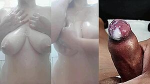 my small foreskin cock jerks best while ex teen squirts on big tits part 4