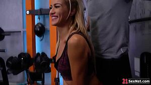 Blonde Cherry Kiss TAKES DOUBLE PENETRATION from gym threesome pounding!