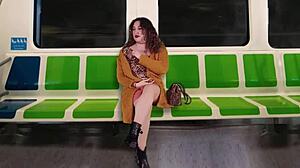 latina flashes tits fingering in public train for hubby's friend