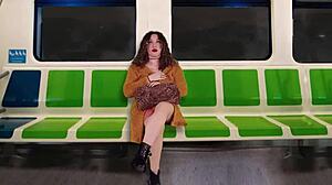 latina flashes tits fingering in public train for hubby's friend