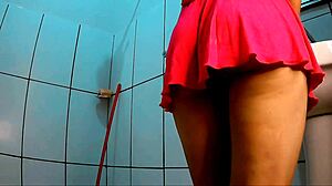 short skirt slips up as she bathroom bends for pounding