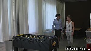 Shaved Cougar MILF Licks Muff Then Fucks Young Stud Hard