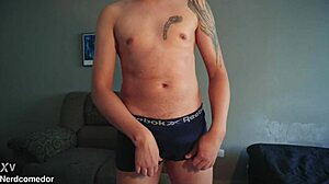 nerd strips underwear jerks huge cock moaning wildly