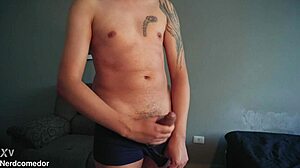 nerd strips underwear jerks huge cock moaning wildly