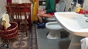 Cumshot Blasts Hairy Pussy In Bathroom