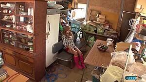 asian big ass brunette stuffs cucumber in hairy pussy greenhouse