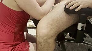 stepmom sucks stepson's huge dick in living room