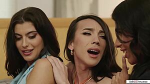 gf sandwiched bareback between two tgirls sucking licking her wet