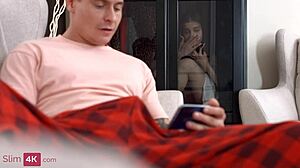 SKINNY GF CATCHES BF STROKING CUM NOW SHE RIDES WILD!