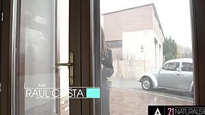 lana roy sheds coat revealing lingerie for hard anal pounding