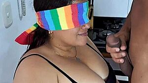 big titted colombian stepmom kneels for yummy homemade blowjob