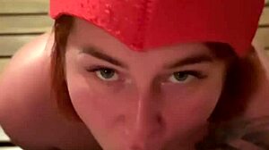 Redhead Sucks Cock Swallows Cum in Steamy Bathhouse!