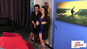 Cute lingerie femdoms humiliate jerking sub guy hard