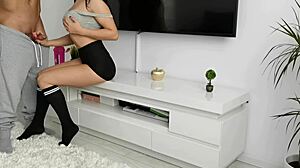 Fitness coach trains sporty girl's tight athletic body intimately