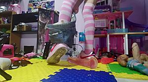 Skinny big ass teases anal plug under thong?