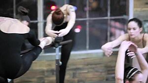 Sporty brunettes pierce hairy pussies in lesbian play